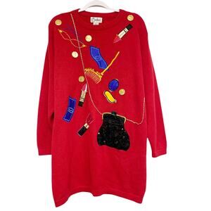Vintage Carducci Womens Size M Embroidered Purse Lipstick Sweater Dress